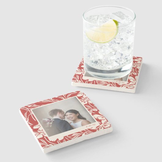赤エレガント花柄カスタム写真 ストーンコースター (横)