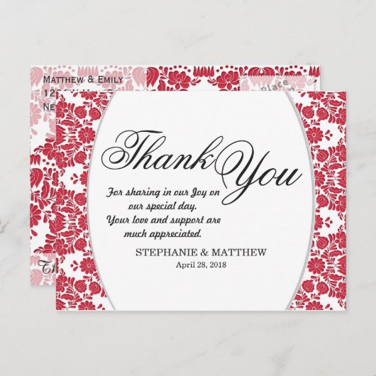 赤エレガント華美と白のダマスクのパターン ポストカード (正面/裏面)