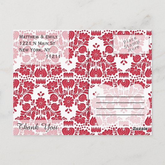 赤エレガント華美と白のダマスクのパターン ポストカード (裏面)