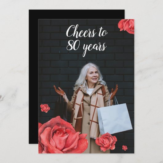 赤エレガント薔薇の母の写真80誕生日 招待状 (正面/裏面)