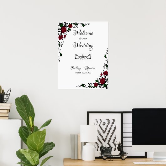 赤エレガント薔薇ウェルカムサイン ポスター (ホームオフィス)