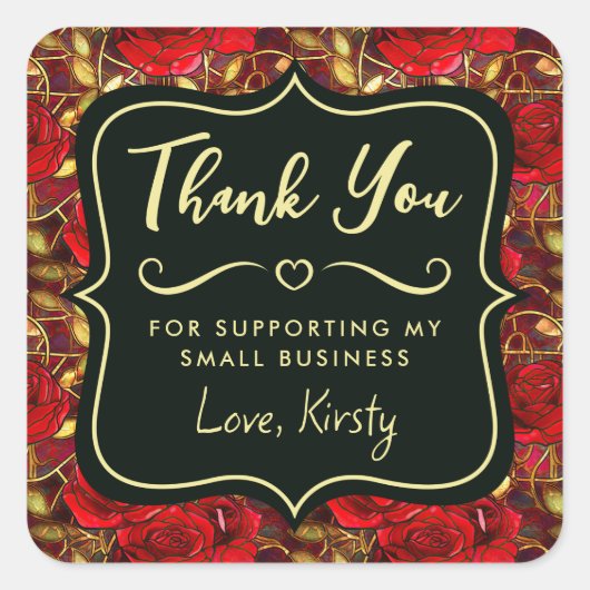 赤エレガント薔薇ステンドグラス小事業 スクエアシール (正面)