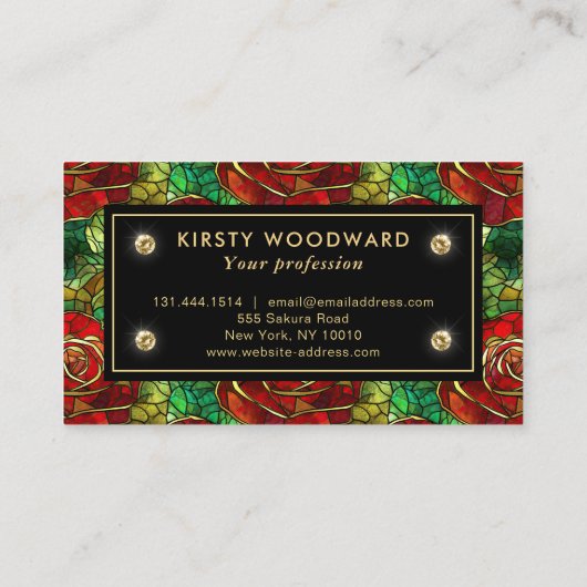 赤エレガント薔薇ステンドグラス模様 名刺 (裏面)