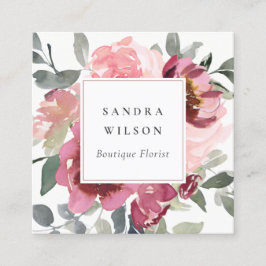 赤エレガント赤面ブルゴーニュ水彩バラフローラ スクエア名刺