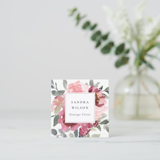 赤エレガント赤面ブルゴーニュ水彩バラフローラ スクエア名刺 (スタンド正面)