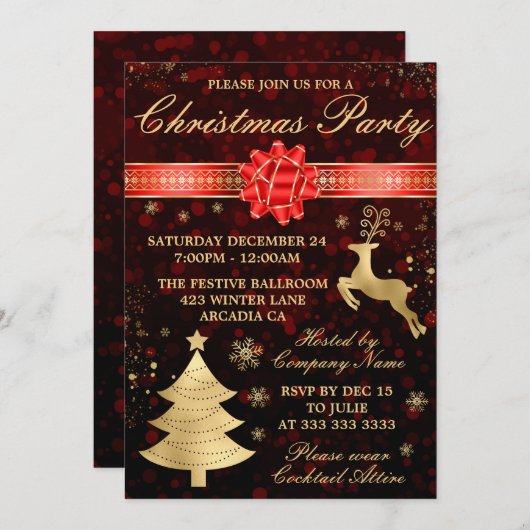 赤エレガント金の箔リボンのクリスマスパーティー 招待状 (正面/裏面)