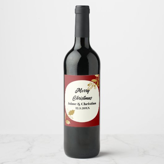 赤エレガント金ゴールドとアイボリーカスタムメリークリスマス ワインラベル (正面)