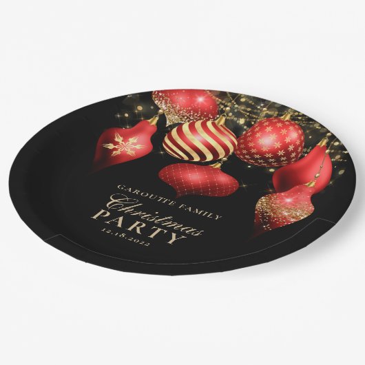 赤エレガント金ゴールドオーナメントクリスマスパーティー ペーパープレート (アングル)