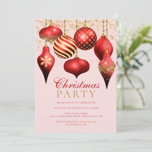 赤エレガント金ゴールドオーナメントクリスマスパーティー 招待状 (スタンド正面)