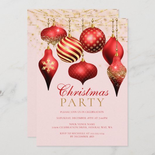赤エレガント金ゴールドオーナメントクリスマスパーティー 招待状 (正面/裏面)
