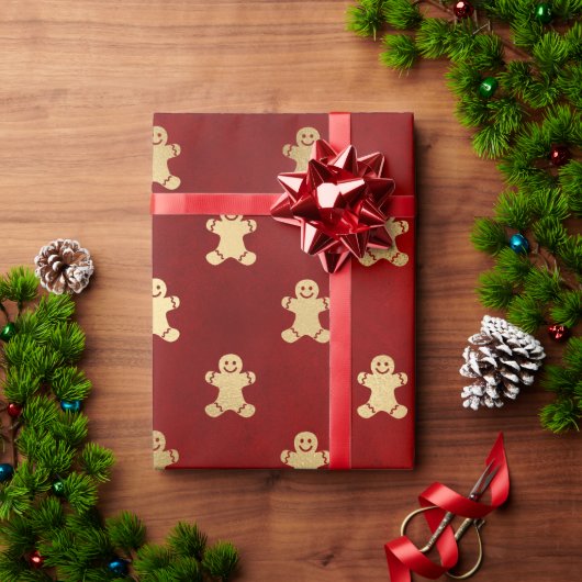 赤エレガント金ゴールドクリスマスジンジャーブレッドマンパターン ラッピングペーパー (クリスマスギフト)