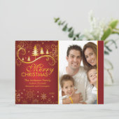 赤エレガント金ゴールドクリスマスツリーホリデーフォトカード シーズンカード (スタンド正面)