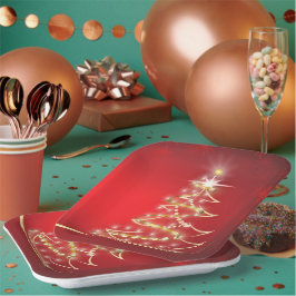 赤エレガント金ゴールドクリスマスツリー ペーパープレート