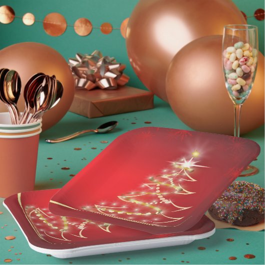 赤エレガント金ゴールドクリスマスツリー ペーパープレート (複数)