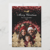 赤エレガント金ゴールドグリッタークリスマスツリー写真 招待状 (正面)