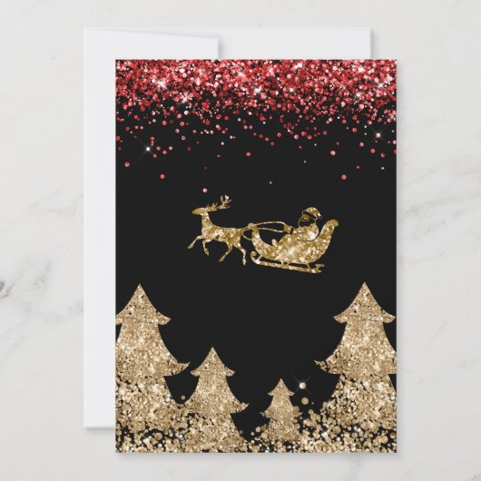 赤エレガント金ゴールドグリッタークリスマスツリー写真 招待状 (裏面)