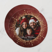 赤エレガント金ゴールドグリッタークリスマスファミリー写真 (正面/裏面)