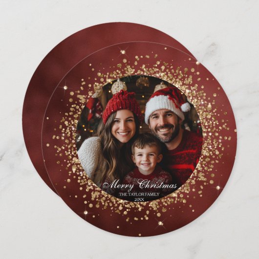 赤エレガント金ゴールドグリッタークリスマスファミリー写真 (正面/裏面)