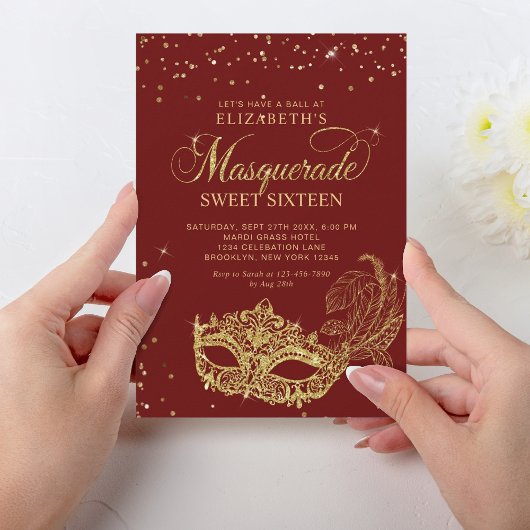 赤エレガント金ゴールドグリッター仮装Sweet 16 招待状