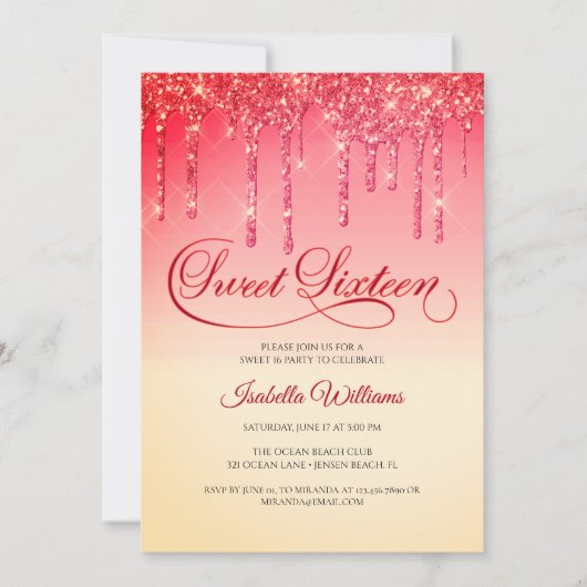 赤エレガント金ゴールドグリッターSweet sixteen誕生日 招待状 (正面)
