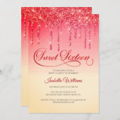 赤エレガント金ゴールドグリッターSweet sixteen誕生日 招待状 (正面/裏面)