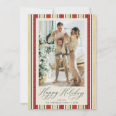 赤エレガント金ゴールドストライプハッピーホリデー写真 シーズンカード (正面)