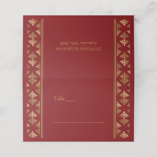 赤エレガント金ゴールドダマスクパターン（の模様が）ある結婚ズ プレイスカード (外部開封)