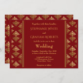 赤エレガント金ゴールドダマスクパターン（の模様が）ある結婚ズ 招待状 (正面/裏面)