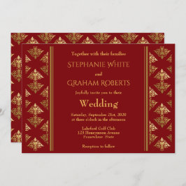 赤エレガント金ゴールドダマスクパターン（の模様が）ある結婚ズ 招待状