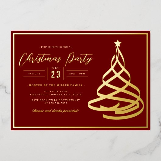 赤エレガント金ゴールドツリークリスマスパーティー 箔招待状 (正面)