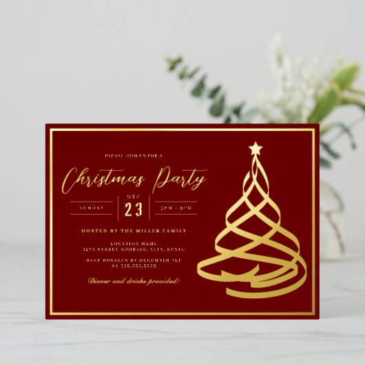 赤エレガント金ゴールドツリークリスマスパーティー 箔招待状 (立ち正面)