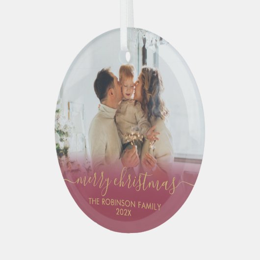 赤エレガント金ゴールドファミリー写真メリークリスマス ガラスオーナメント (正面左)