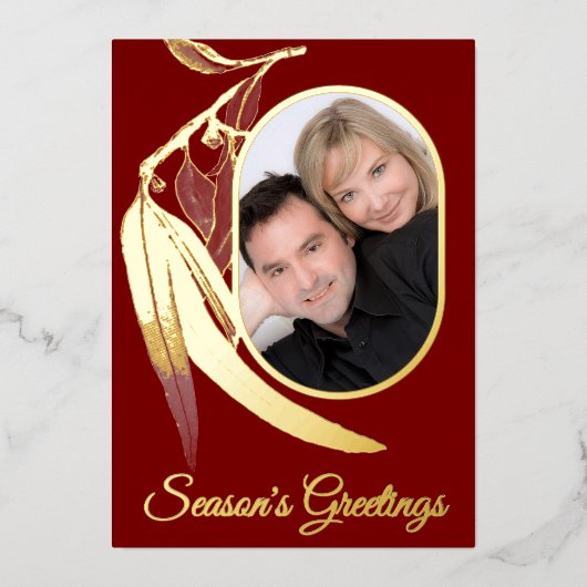 赤エレガント金ゴールドフォトユーカリプタスアートクリスマス 箔シーズンカード (正面)