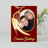 赤エレガント金ゴールドフォトユーカリプタスアートクリスマス 箔シーズンカード (立ち正面)