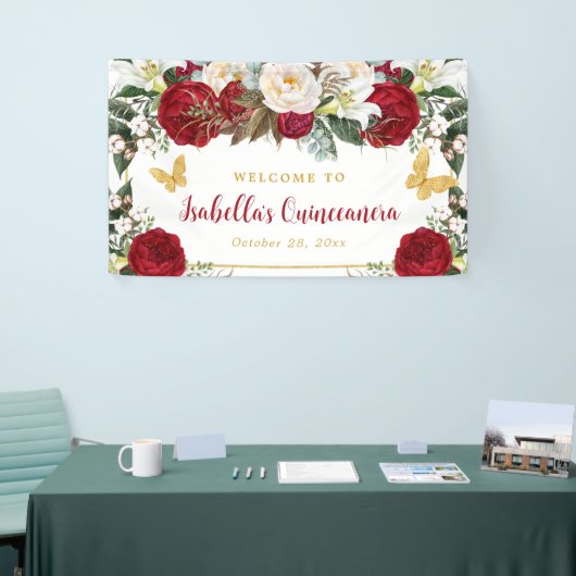 赤エレガント金ゴールドフラワーズチョークンセニェラ 横断幕 (トレードショー)