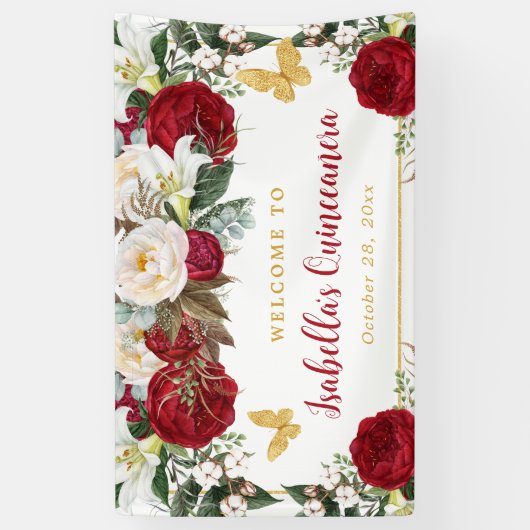 赤エレガント金ゴールドフラワーズチョークンセニェラ 横断幕 (縦)