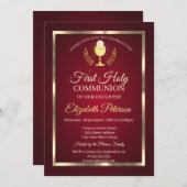 赤エレガント金ゴールドフレーム第1聖餐式 招待状 (正面/裏面)