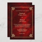 赤エレガント金ゴールドフレ結婚ーム 招待状 (正面/裏面)