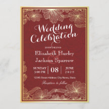 赤エレガント金ゴールドフローラウェディングシャワー招待状