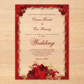 赤エレガント金ゴールドフローラフォーマル結婚の アクリル招待状 (正面)