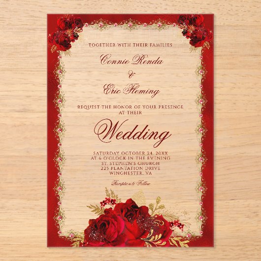 赤エレガント金ゴールドフローラフォーマル結婚の アクリル招待状 (正面)
