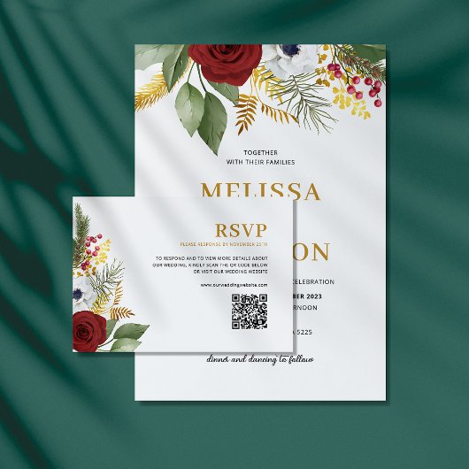 赤エレガント金ゴールドフローラモノグラム結婚ズ 招待状