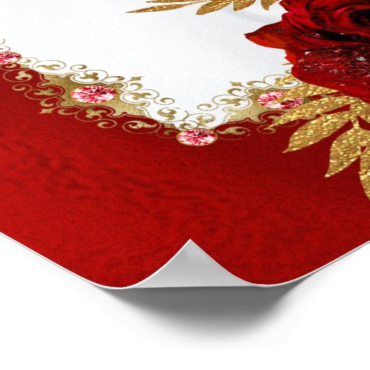 赤エレガント金ゴールドフローラ結婚モノグラム ポスター (角)