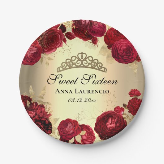 赤エレガント金ゴールドフローラSweet sixteen誕生日 ペーパープレート (正面)