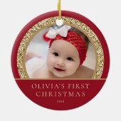 赤エレガント金ゴールドベビー第1回クリスマスフォト セラミックオーナメント (裏面)