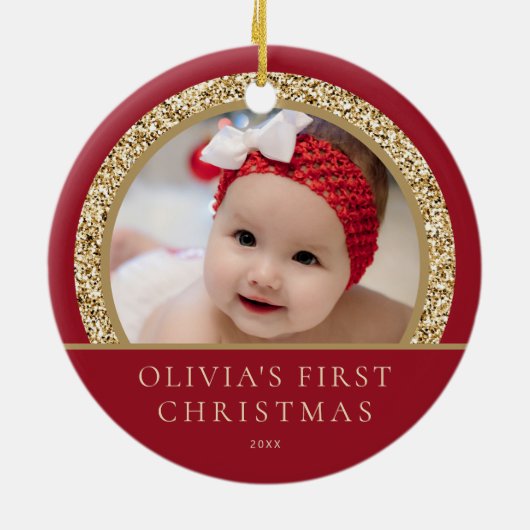 赤エレガント金ゴールドベビー第1回クリスマスフォト セラミックオーナメント (裏面)