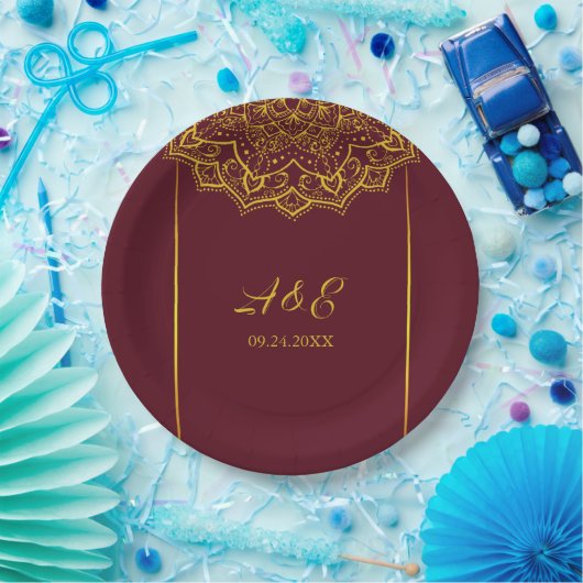 赤エレガント金ゴールドマンダラ結婚ズ ペーパープレート (パーティー)