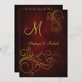 赤エレガント金ゴールドモノグラム結婚式招待状 招待状 (正面/裏面)