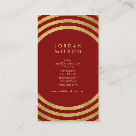 赤エレガント金ゴールド丸幾何学的ソーシャルメディア 名刺 (裏面)