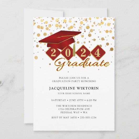赤エレガント金ゴールド卒業写真パーティー 招待状 (正面)